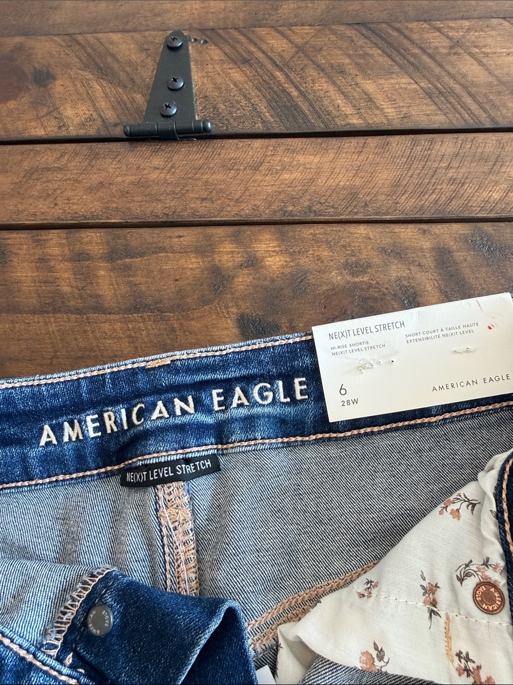 American Eagle Outfitters Blue Denim High-Rise Shorts with Floral Lining - Picture 2 of 6